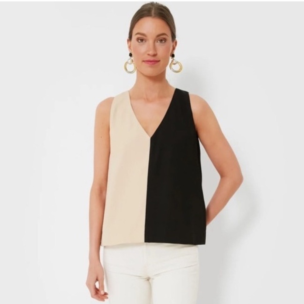 Pomander Place Color Block Sleeveless Top V-Neck Casual Blouse‎ Black Beige XS